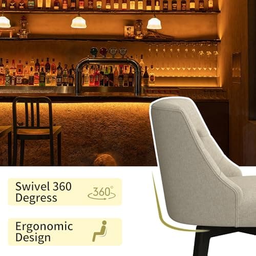 Modern Swivel Bar Stools Set of 2, Fabric Upholstered Counter Height with Back, Solid Wood Legs, Wheat