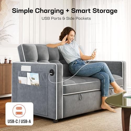 Amada 3-in-1 Convertible Sleeper Loveseat, Grey Velvet Couch with USB Ports