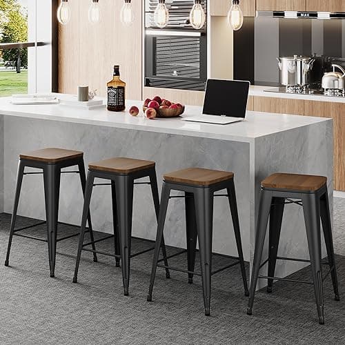 Alunaune 24" Metal Stackable Bar Stool Set Matte Black