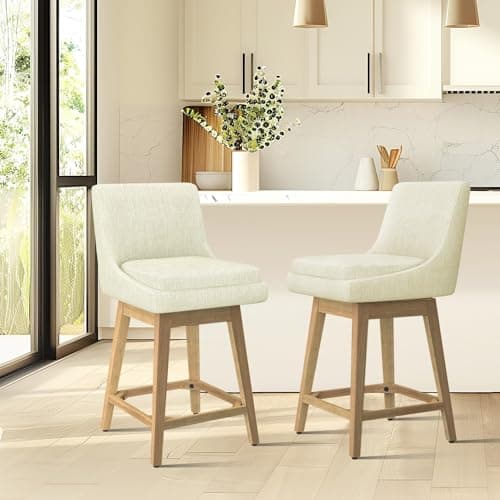 Swivel Barstool with Back, Memory Foam Upholstered Farmhouse Bar Stool - Linen Ivory