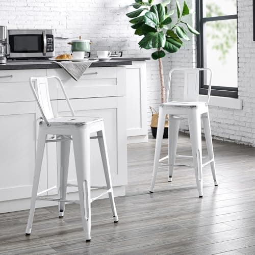 AC Pacific Rustic Style Modern Metal Barstool Set of 2 - Distressed White, Low Back