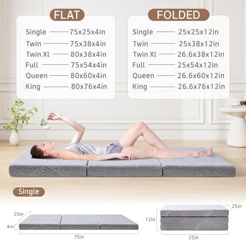 4 Inch Single Tri-fold Memory Foam Foldable Mattress for Yoga/Camping/RV/Guest Beds