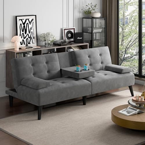 JAMFLY Dark Grey Velvet Futon Couch Bed with Cup Holder