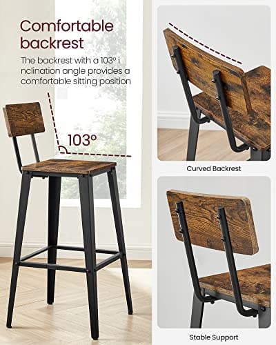 VASAGLE Industrial Style Bar Stools, Counter Height, 29.1" Tall, Brown & Black
