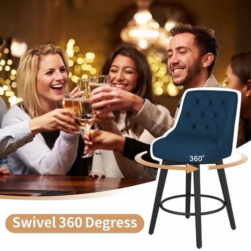 Modern Swivel Bar Stools with Solid Wood Legs, Navy Blue, 26 Counter Height, 1Pc