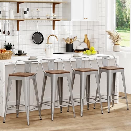 WENTMENT Black Metal Bar Stools Set of 4 Counter Height Kitchen Bar Stools with Wooden Seat