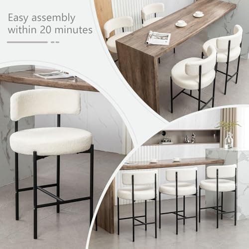 24" Modern White Bar Stools with Backs, Boucle Set of 2 for Kitchen Island, Bar, Cafe