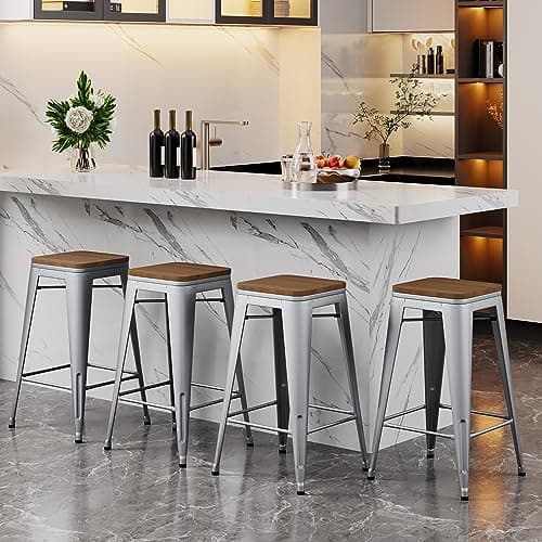 Alunaune 24" Metal Stackable Bar Stool Set Matte Black