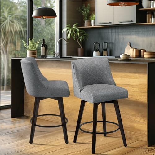 Set of 2 Swivel Counter Height Bar Stools With Back, Solid Wood Stand, Faux Leather Upholstery, Dark Grey