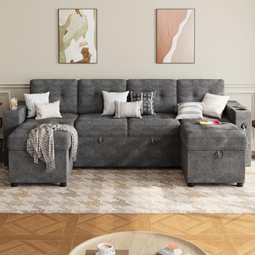 GAOMON Dark Gray 112" U-Shaped Sleeper Sofa with Storage Chaise & Charging Ports
