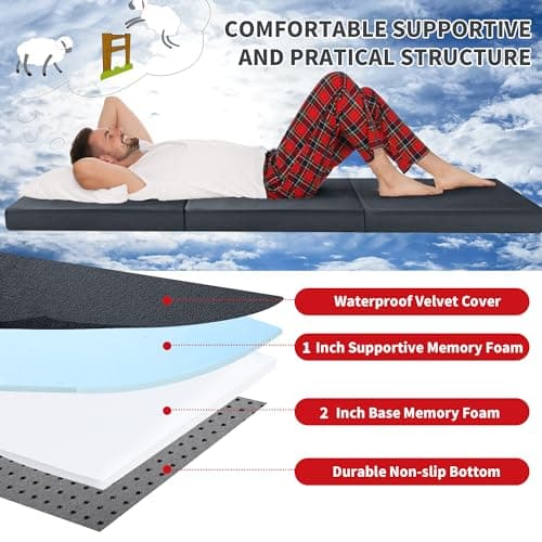HOMBYS Tri-Fold Memory Foam Camping Mattress, Portable & Waterproof