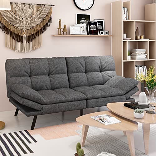Dark Gray Memory Foam Wood-it Futon Sofa Bed with Adjustable Armrests