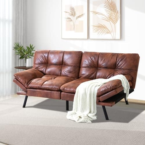 Convertible Leather Futon Sofa Bed, Memory Foam Sleeper, Adjustable Armrest & Backrest Loveseat - Brown