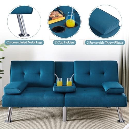 Yaheetech Convertible Sofa Bed Aqua Blue, 772lb Capacity, 3 Angles Recliner