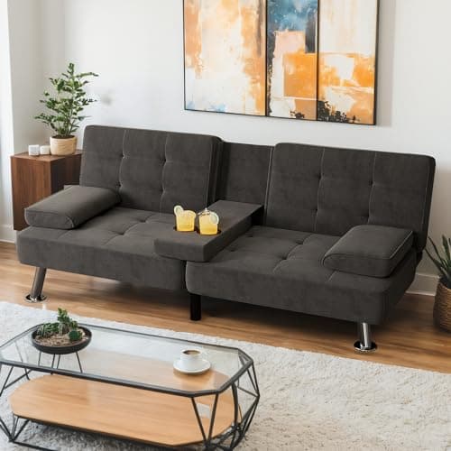 Shahoo Dark Grey Linen Convertible Futon Sofa Bed with Removable Arms