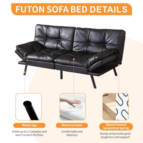 Memory Foam Futon Sofa Bed, Convertible Couch for Compact Spaces, Office and Apartment, Black Faux Leather