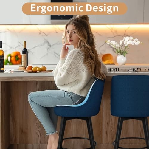 Modern Swivel Bar Stools with Solid Wood Legs, Navy Blue, 26 Counter Height, 1Pc
