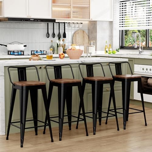 WENTMENT Black Metal Bar Stools Set of 4 Counter Height Kitchen Bar Stools with Wooden Seat