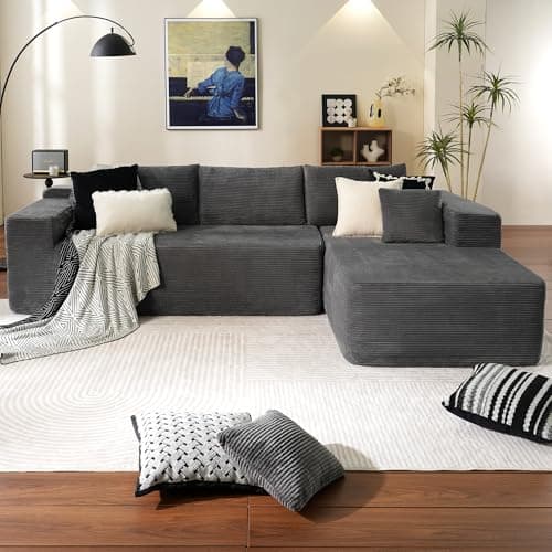 Ovios 104" Cloud Sectional with L-Shape Chaise, Plush Grey Corduroy Sofa