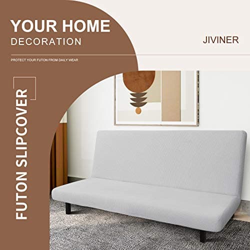Stretch Futon Cover - Armless Sofa Slipcover - Non Slip Spandex - Soft Elastic Bands - Light Gray and White