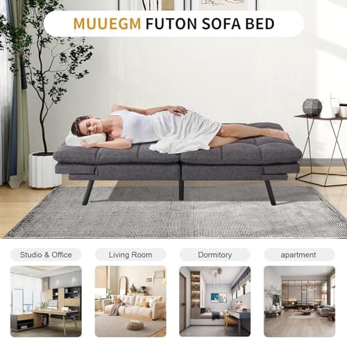 Convertible Futon Sofa Bed with Memory Foam, Adjustable Full Size Recliner, Dark Grey, for Living Room or Office