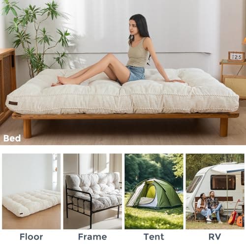 MAXYOYO 6" Tufted Queen Futon Mattress with Twisted Rope Edging, Thick Fabric & Shredded Foam (Beige)
