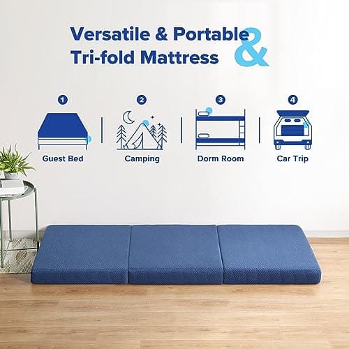 Olee Sleep 4" Gel Tri-Fold Foam Mattress Topper, CertiPUR-US Certified, Blue, Single Size