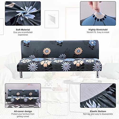 Armless Futon Slipcovers Stretch Sofa Bed Cover with Elastic Bottom, Printed Fitted Couch Cover for Pets, Kids
