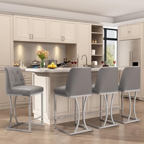 Grey Counter Stools with Back, Silver Metal Frame, Set of 4