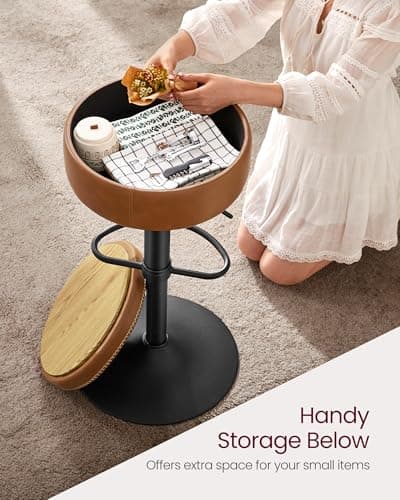 VASAGLE EKHO 360° Swivel Bar Stool, Height Adjustable with Storage, Caramel Brown