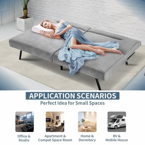 MUUEGM Futon Couch Bed, Convertible Memory Foam Sofa Bed, Modern Adjustable Backrests Velvet Couch Sleeper Sofa Bed