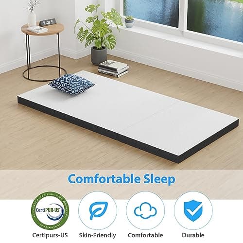 CertiPUR-US Certified 3 Inch Memory Foam Tri-Fold Mattress Topper, Washable Cover, Non-Slip Bottom, Camping & Guest Beds