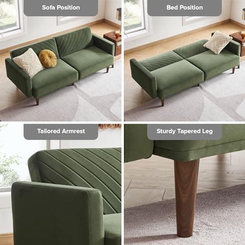 Mopio Olive Green Premium Velvet Futon Sofa Bed