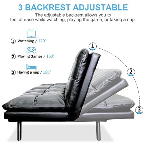 Modern Convertible Memory Foam Sleeper Sofa Bed with Adjustable Armrest Backrest, Faux Leather - Black, 71''x33''x31.5''
