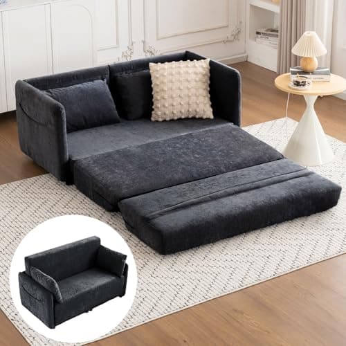 2 in 1 Chenille Loveseat Futon Couch, Full Size Pull Out Bed in a Box