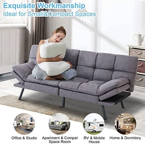 Memory Foam Futon Sofa Bed Grey Fabric Convertible Couch, Modern Loveseat Sofa, Adjustable Lounge Couch, Full Size Futon for Apartment Office Living Room