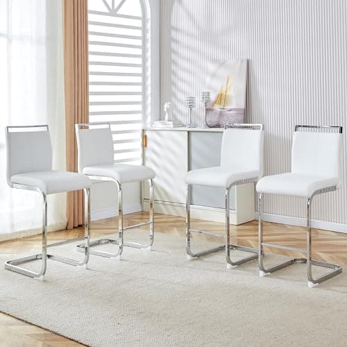 White Counter Height Bar Stools withbacks Set of 4 Chrome Legs Ideal for Kitchen Dining Island Bar