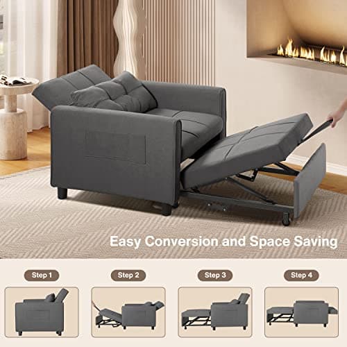3-in-1 Convertible Futon Sofa Bed with Adjustable Backrest, Dark Grey Linen Fabric
