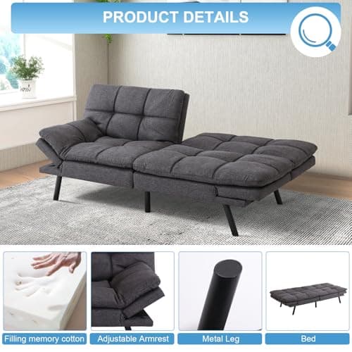 MUUEGM Dark Grey Memory Foam Futon Sleeper Sofa Bed for Small Spaces