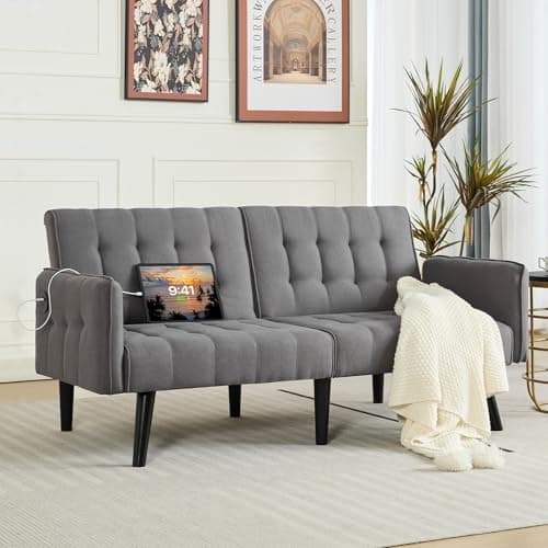 TYBOATLE Dark Grey Convertible Futon Sofa Bed with USB, Loveseat for Living Room & Bedroom