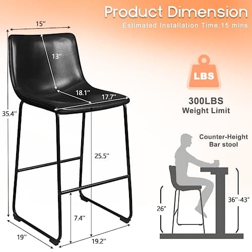 PUKAMI Black Counter Height Bar Stool Set (26") with Back & Faux Leather
