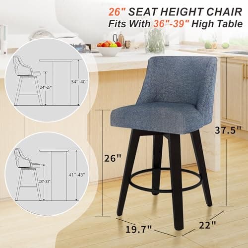 360°Swivel Bar Stools Set of 2 with High Backrest, Denim Blue