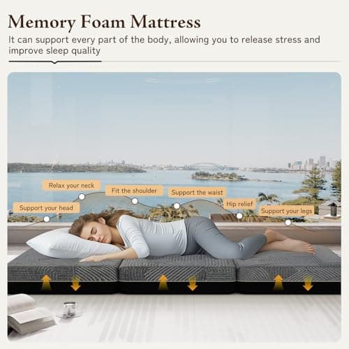 Portable Memory Foam Tri-Fold Mattress Queen Size for Travel, RV Camping, Guest - 6 Inch, 78x58x6
