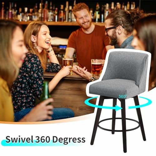 Set of 2 Swivel Counter Height Bar Stools With Back, Solid Wood Stand, Faux Leather Upholstery, Dark Grey