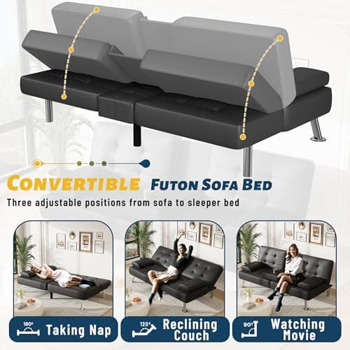 Furmax Black PU Leather Recliner Futon Couch Bed for Living Room