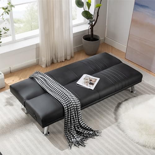 VECELO Modern Convertible Couch Bed, Faux Leather Futon, Black