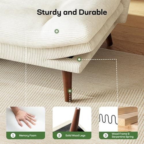 Marsail Corduroy Futon Sofa Bed, Adjustable Backrest, White