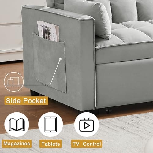 3-in-1 Grey Convertible Sleeper Sofa Bed with Side Pocket & Adjustable Backrest