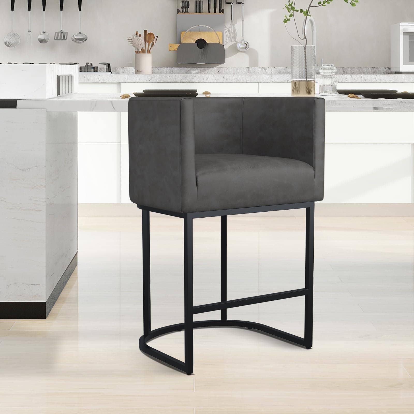 Modern counter height bar stool with backrest and cushion seat.