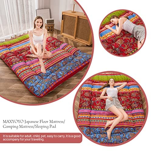 MAXYOYO Vintage Floral Japanese Futon Mattress, Queen Size, Portable Lounger Couch Bed Mattress Pad